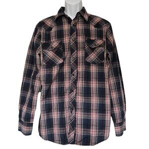 Coastal Plaid Pearl Snap Mens Western Shirt L Cabin Core Rustic Surf Lumberjack